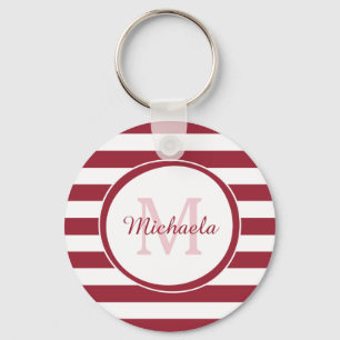 Dressy Dark Red Solid Stripes Name With Monogram Keychain
