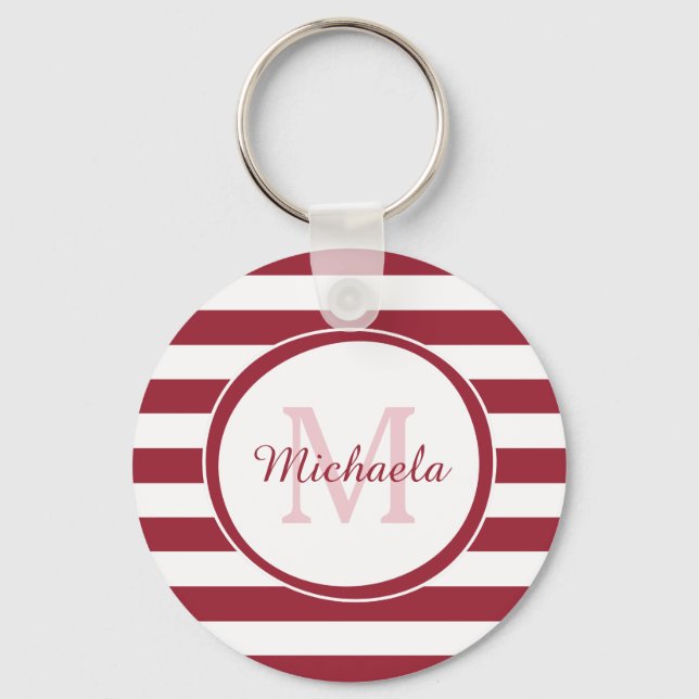 Dressy Dark Red Solid Stripes Name With Monogram Keychain (Front)