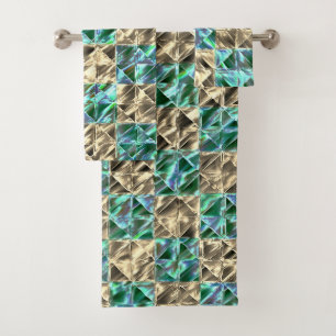 Dressy mint green to beige tiles or stained chess bath towel set