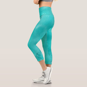 Dressy Turquoise Faux Glitter and Sparkle Capri Leggings