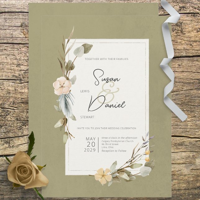 Dried Boho Floral Frame Sage Wedding Invitation (Creator Uploaded)