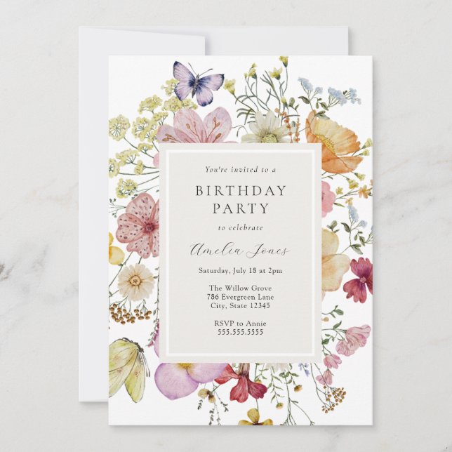 Dried Boho Wildflowers Birthday Girl Invitation (Front)
