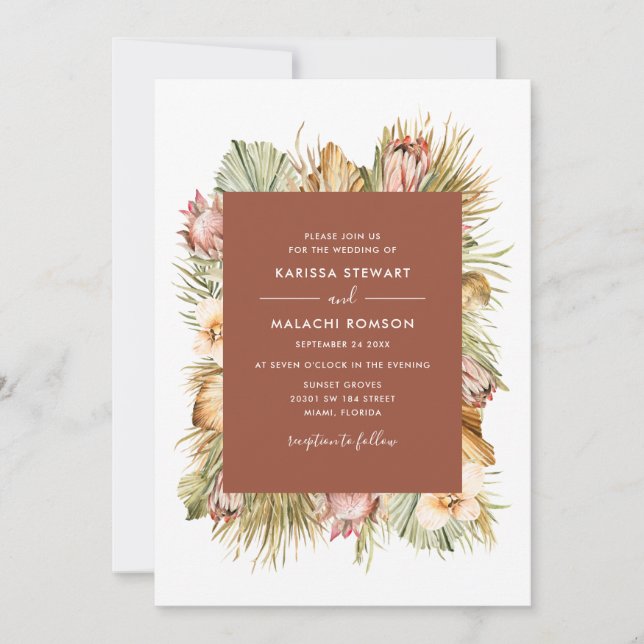Dried Botanicals Boho Palms Watercolor Wedding Invitation (Front)