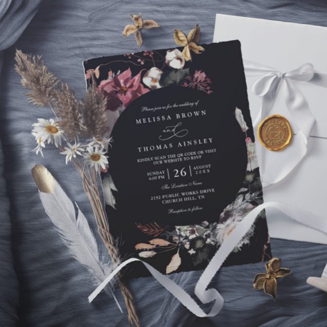 Dried Burgundy Rustic Florals Boho QR Code Wedding Invitation (Creator Uploaded)