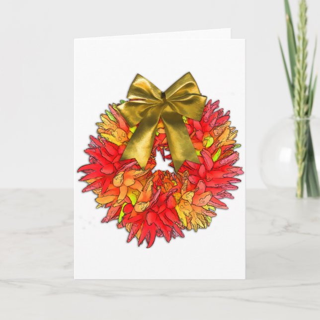 Dried Chili Pepper Wreath & Gold Bow Holiday Card (Front)