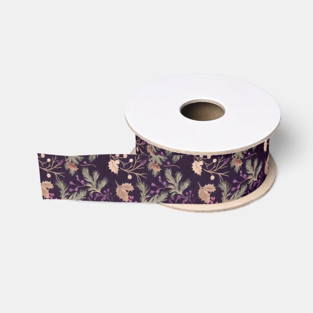 Dried Floral and Gold Coloured Leaves Grosgrain Ribbon (Spool)