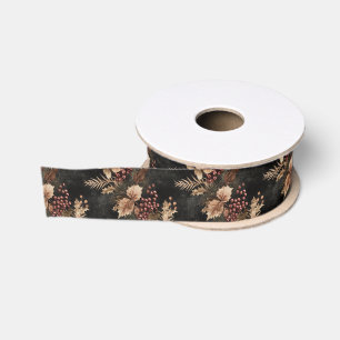 Dried Floral and Gold Coloured Leaves Grosgrain Ribbon