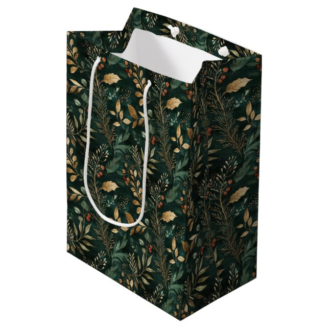 Dried Floral and Gold Coloured Leaves Medium Gift Bag (Front Angled)
