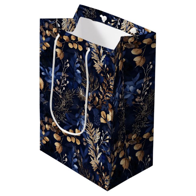 Dried Floral and Gold Coloured Leaves Medium Gift Bag (Front Angled)