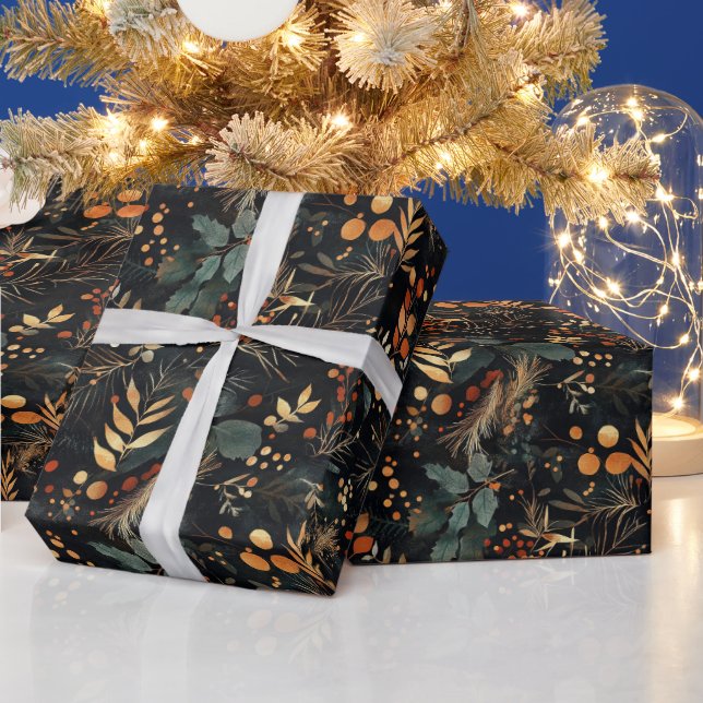 Dried Floral and Gold Coloured Leaves Wrapping Paper (Holidays)