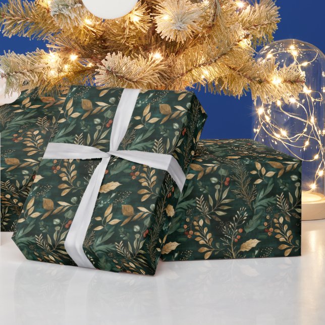 Dried Floral and Gold Coloured Leaves Wrapping Paper (Holidays)