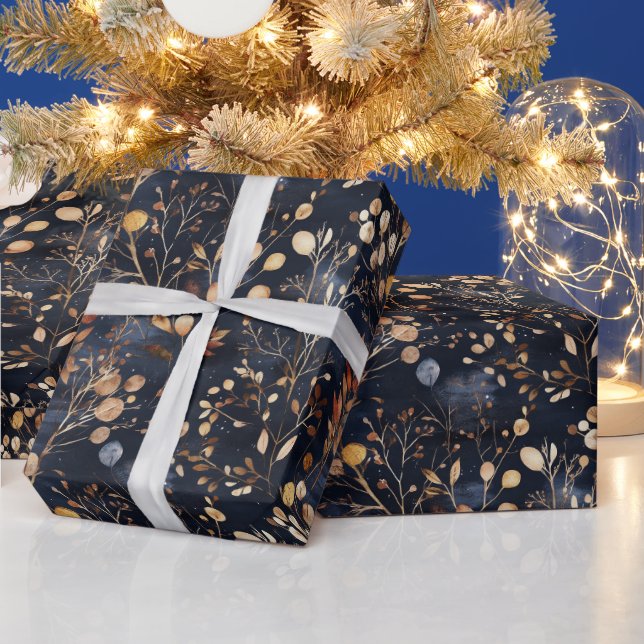 Dried Floral and Gold Coloured Leaves Wrapping Paper (Holidays)