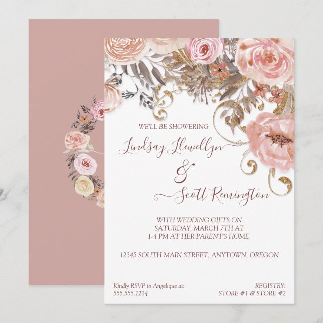 Dried Floral Boho Blush Rose Gold Bridal Shower Invitation (Front/Back)