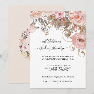 Dried Floral Boho Peach Rose Gold Bridal Shower Invitation
