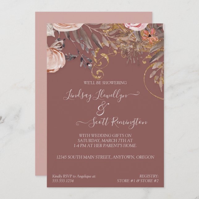 Dried Flower Foliage Rose Gold Boho Couples Shower Invitation (Front/Back)