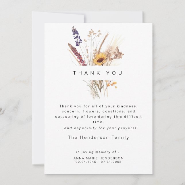 Dried Flowers Floral Bereavement Funeral Thank You (Front)