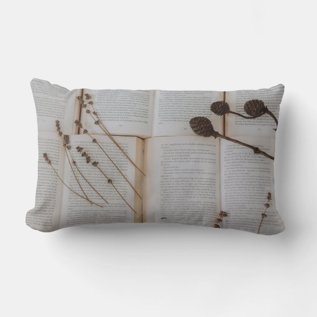 Dried flowers on books lumbar pillow (Front)