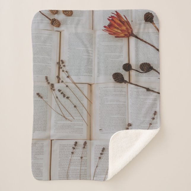 Dried flowers on books sherpa blanket (Front)