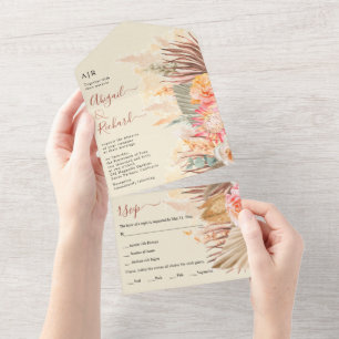 Dried flowers, pampas grass and palm beige wedding all in one invitation