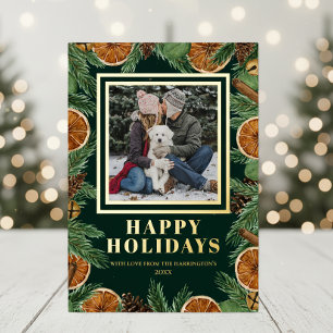 Dried Orange Watercolor Pine Happy Holidays Gold  Foil Holiday Card