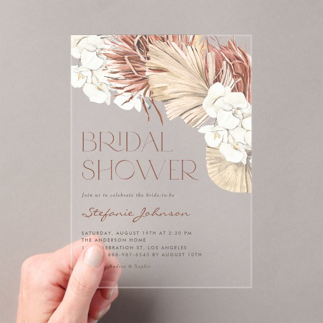 Dried Palm and White Orchids Boho Bridal Shower Acrylic Invitations (Insitu (Handheld))