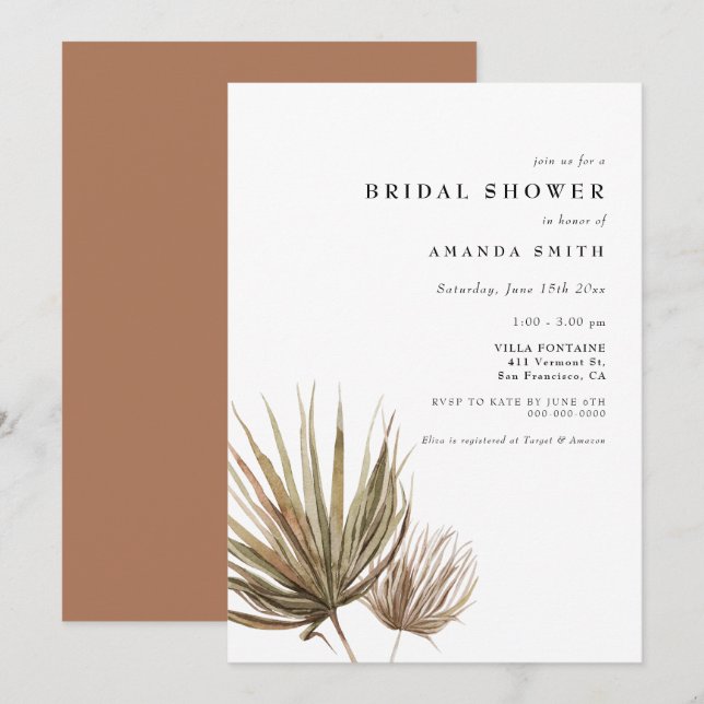 Dried Palm Leaf Desert Modern Boho Bridal Shower I Invitation (Front/Back)