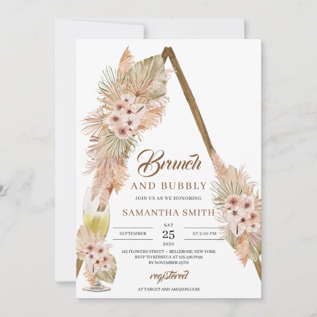 Dried Palm Leaves Pampas Grass Brunch and Bubbly Invitation (Front)