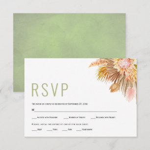 Dried palm leaves, pampas grass sage green wedding RSVP card