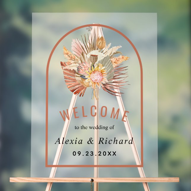 Dried palm leaves terracotta frosted wedding acrylic sign (Neutral)