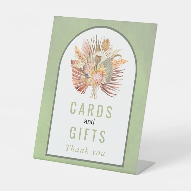 Dried palm, pampas grass sage green wedding pedestal sign (Front)