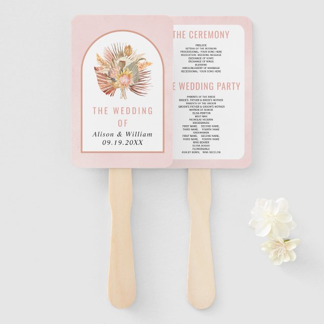 Dried palm pampas grass soft pink wedding program hand fan (Front and Back)