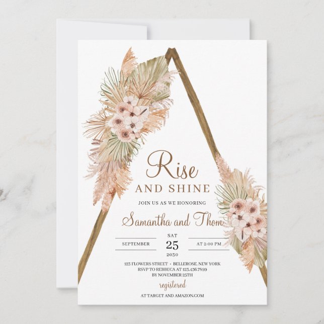 Dried Palm Wooden Arch Pampas Grass Rise and Shine Invitation (Front)