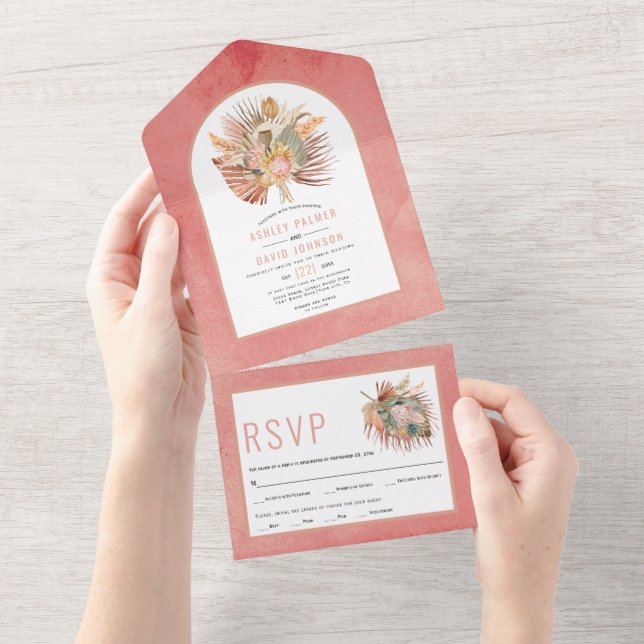 Dried palms and pampas grass pink wedding   all in one invitation (Tearaway)