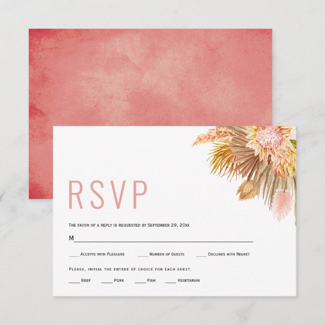 Dried palms and pampas grass pink wedding RSVP card (Front/Back)