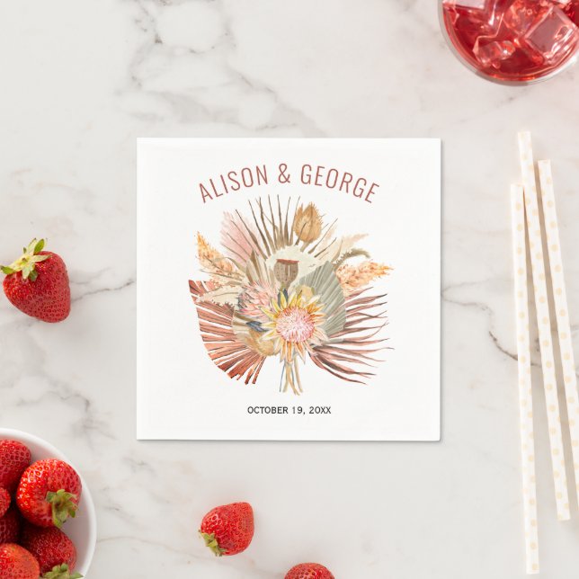 Dried palms and pampas grass terracotta wedding napkin (Insitu)