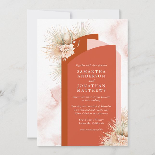 Dried Palms Blush and Rust Wedding Invitation (Front)