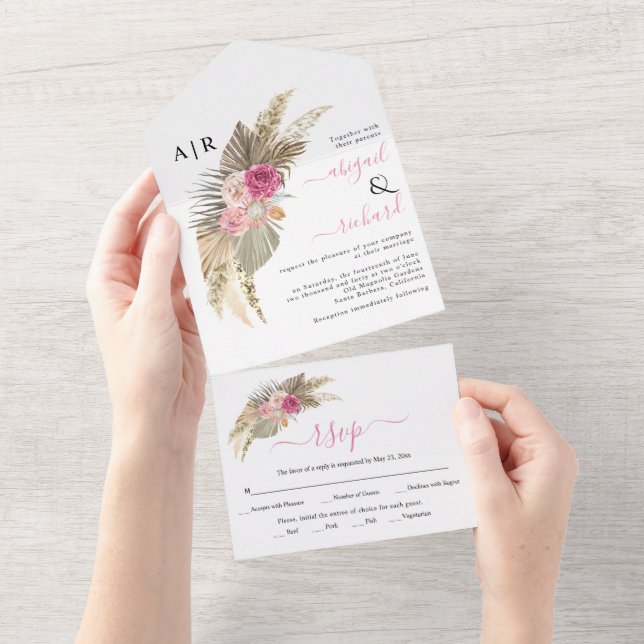 Dried pampas grass and palm leaves boho wedding al all in one invitation (Tearaway)