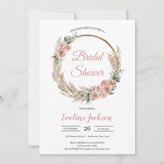 Dried Pampas Grass Dusty Rose Eucalyptus Bridal  Invitation (Front)