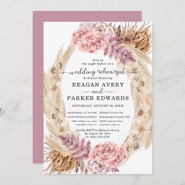 Dried Pampas Grass Floral Wedding Rehearsal Dinner Invitation (Front/Back)