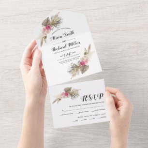Dried pampas grass, palm leaves, roses wedding all all in one invitation