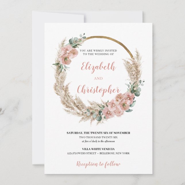 Dried Pampas Grass Wreath Rose Orchid Eucalyptus Invitation (Front)
