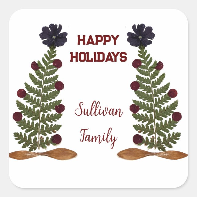 Dried press flower Christmas Tree Square Sticker (Front)