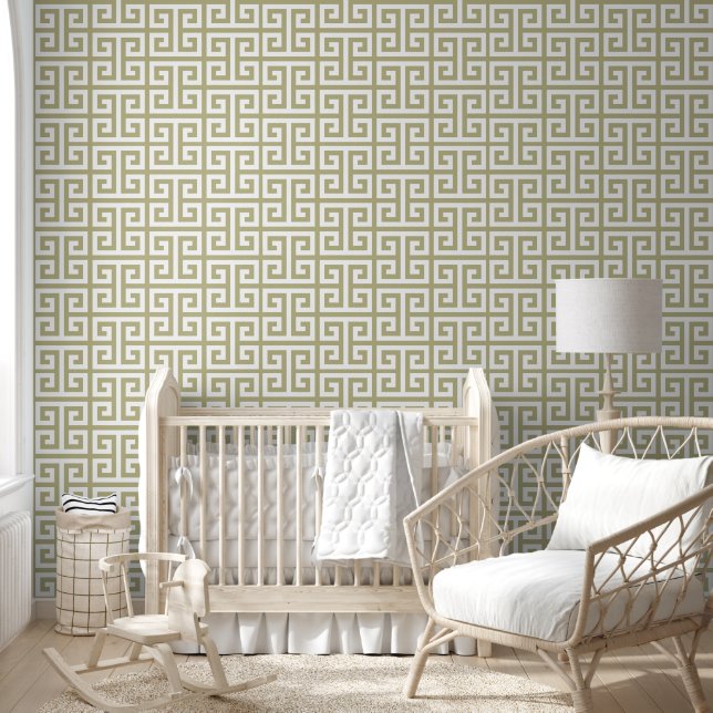 Dried Sage and White Greek Key Wallpaper (Kids)