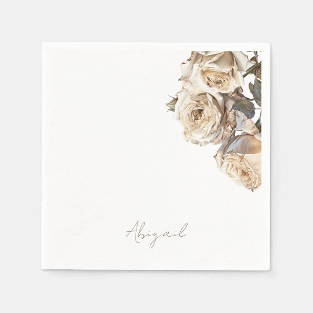 Dried White Roses Personalized Name Shower Napkin (Front)