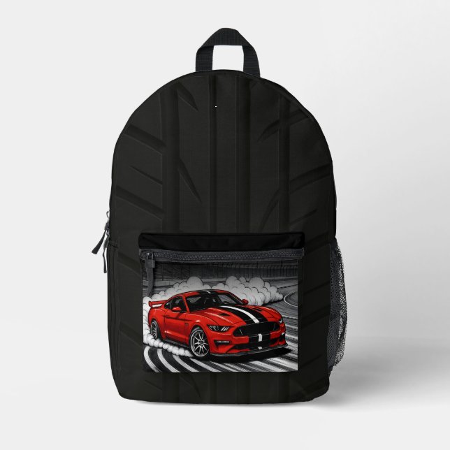 Drift Car Red Muscle Printed Backpack (Front)