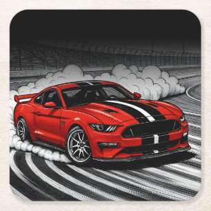 Drift Car Red Muscle Square Paper Coaster