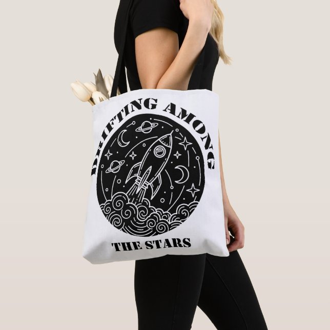 Drifting Among The Stars Rocket Ship Space Art Tote Bag (Close Up)