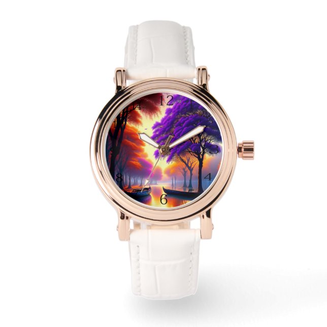 "Drifting Tranquility: Canoes Beneath Jacarandas  Watch (Front)