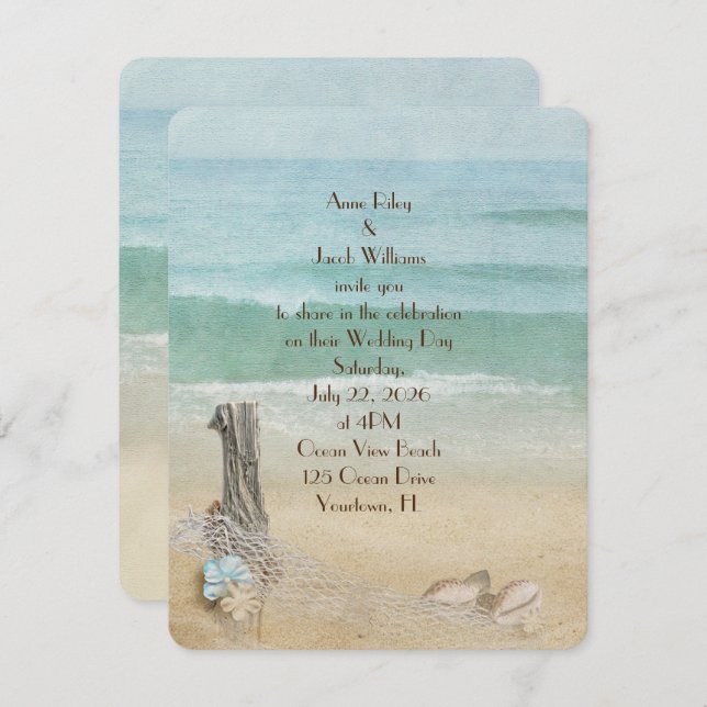 driftwood and nautical net beach wedding invitation (Front/Back)