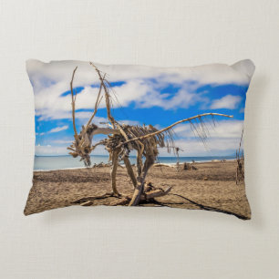 Driftwood artwork on Hokitika Beach, New Zealand Accent Pillow